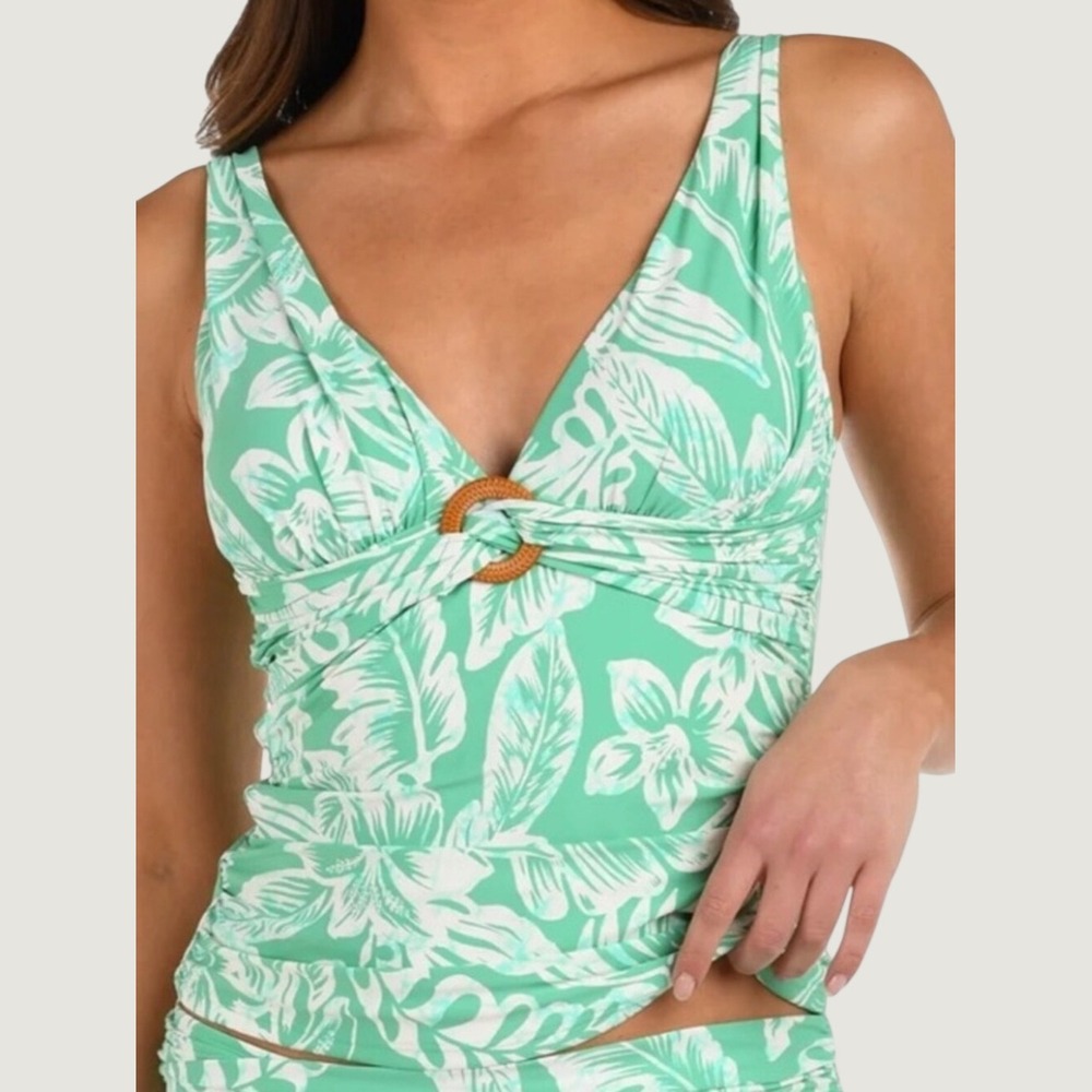 La Blanca V Neck Tropical Tankini Tummy Control Top Womens 12 Green White NEW - Picture 2 of 14